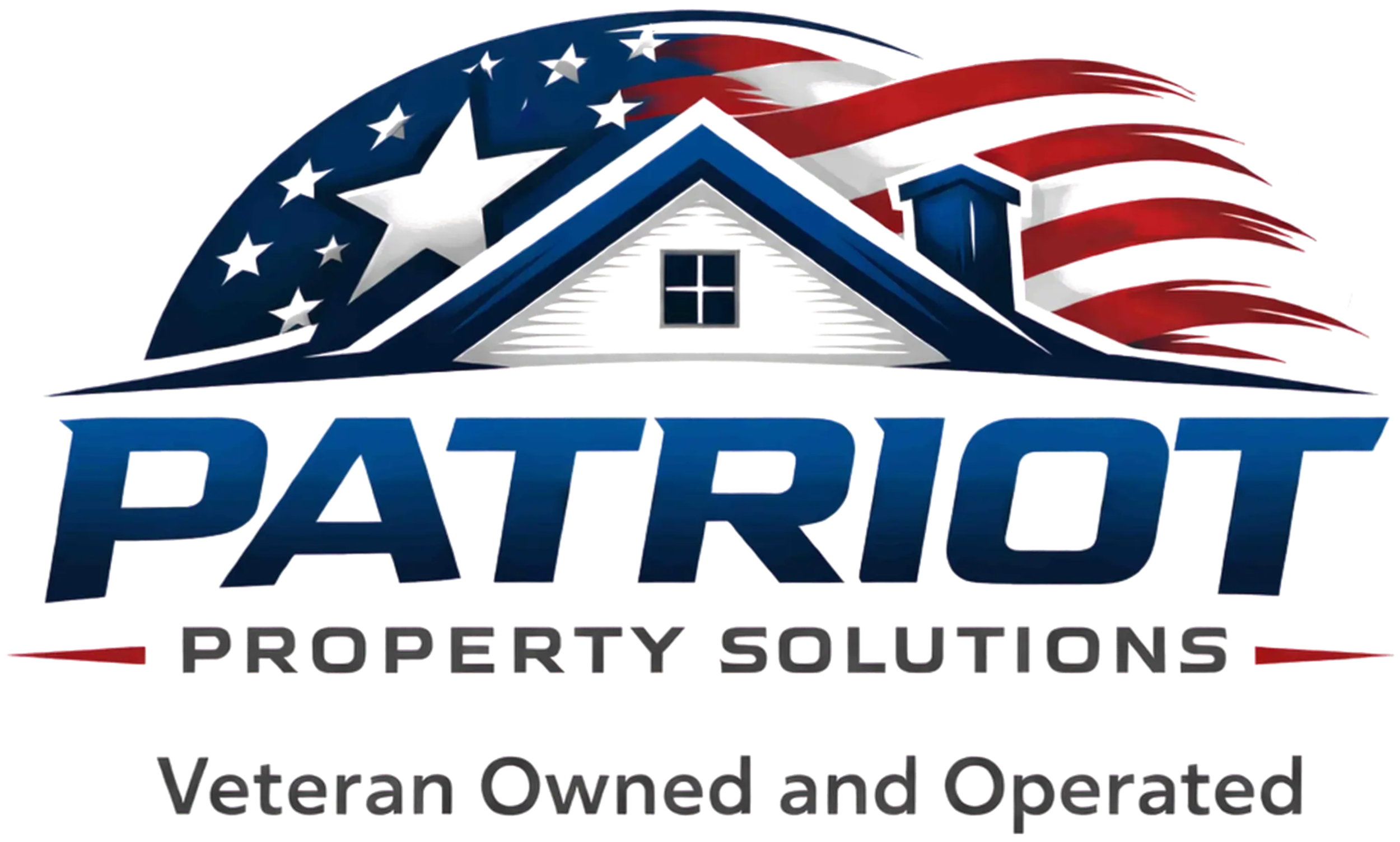 Logo for Patriot Property Solutions featuring a house with a roof in American flag colors and stars, with text indicating veteran ownership and operation.