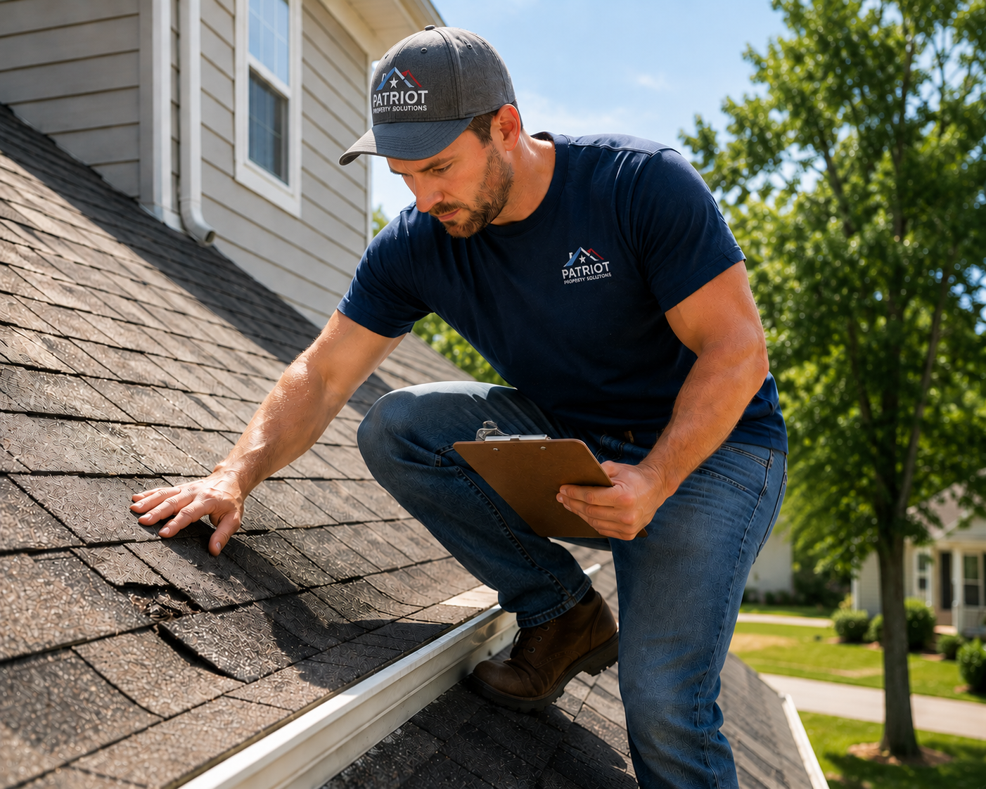 A man in a navy blue Patriot Property Solutions shirt and cap inspecting a roof with a clipboard during daytime.
