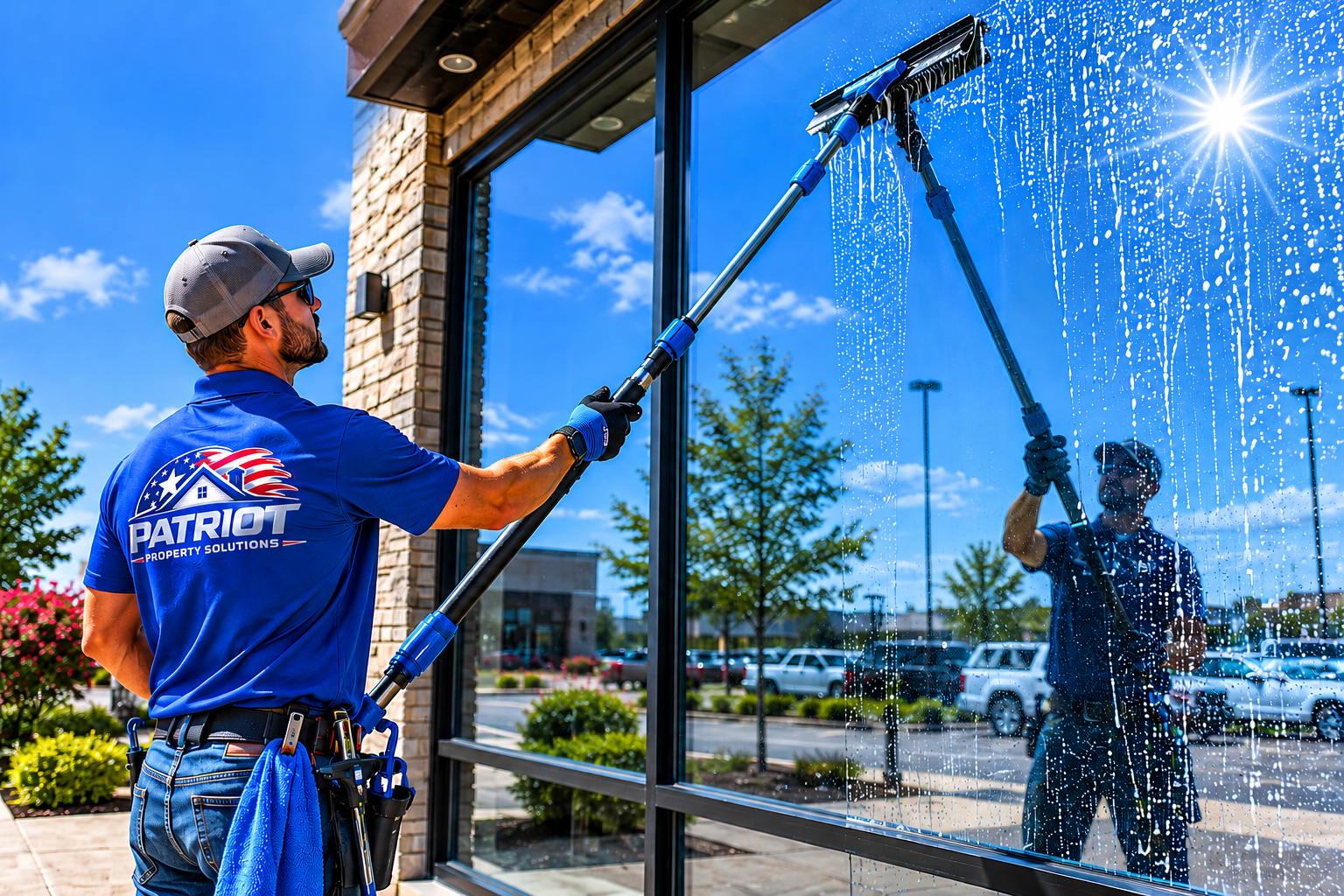 A worker cleaning a large glass window with a water-fed pole, reflecting the blue sky and surrounding parking lot.