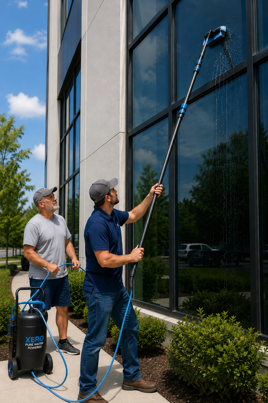 Two men cleaning the windows of a modern glass building on a sunny day. One man is using a long-handled squeegee, and the other is holding a water hose connected to a water tank.