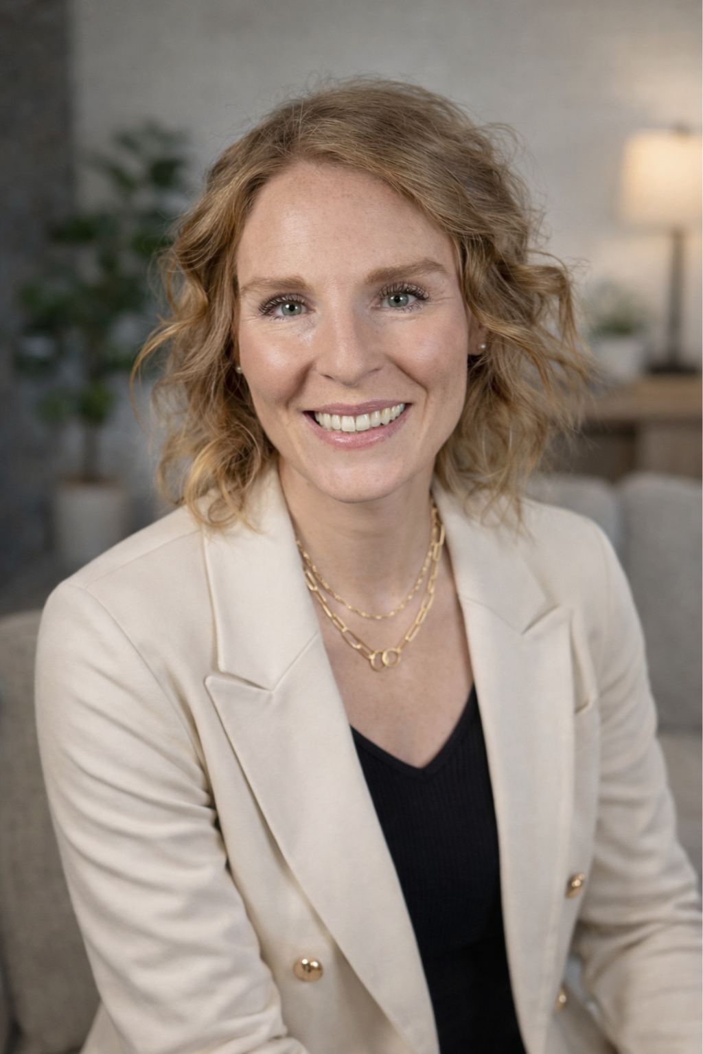 A woman with red hair smiling, wearing a beige blazer and layered gold necklaces, seated in a cozy, well-lit living room.