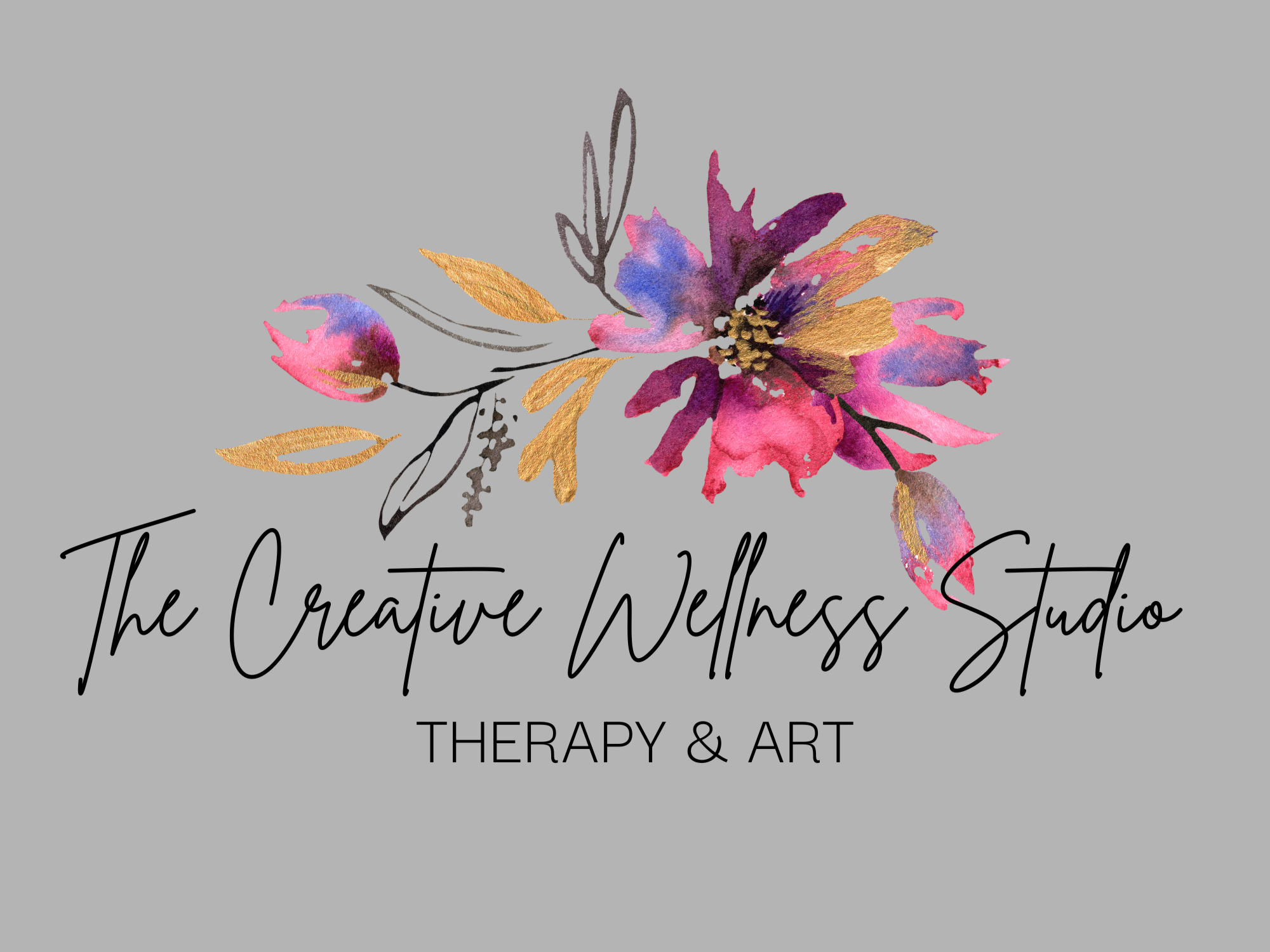 A floral illustration with pink, purple, and gold watercolor flowers and leaves, accompanied by black cursive and bold text reading "The Creative Wellness Studio: Therapy & Art" on a gray background.