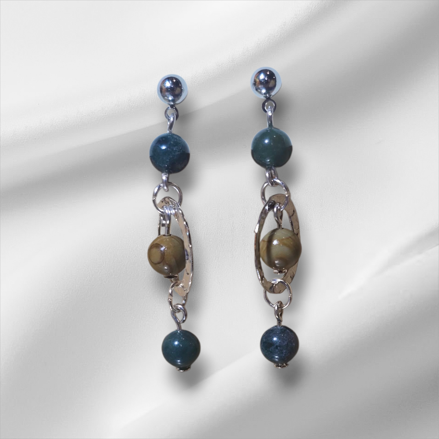 Moss agate wooden jasper earrings in silver