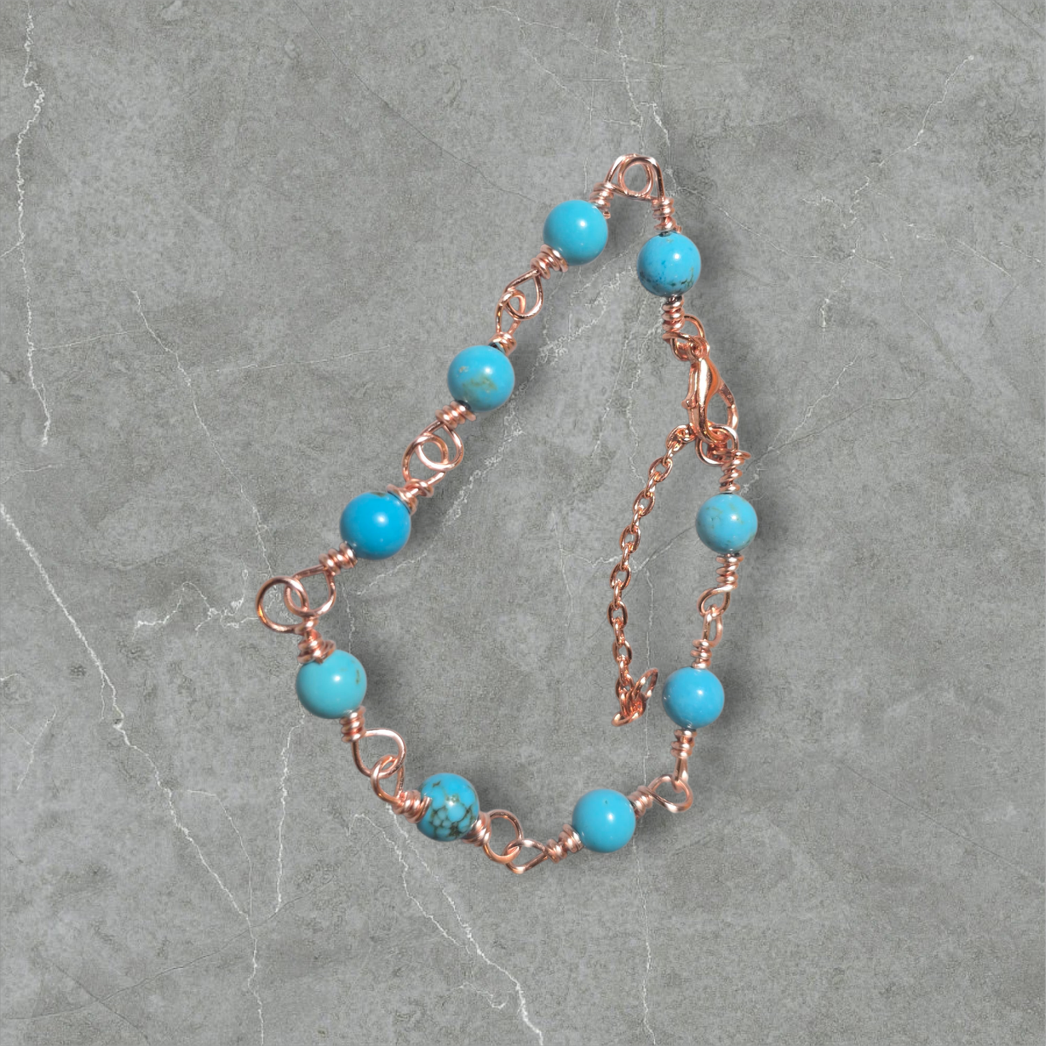 Copper wire linked turquoise stone bead bracelet