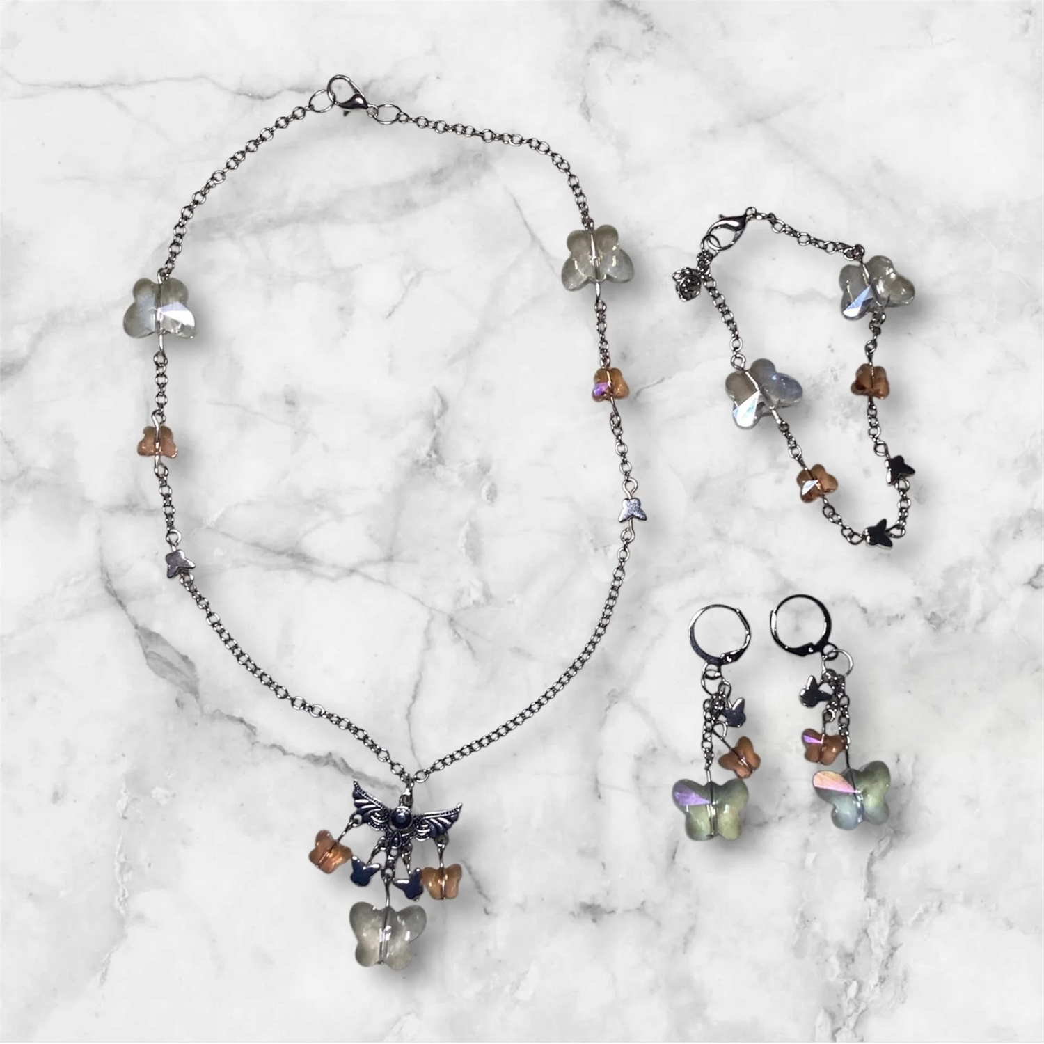 Crystal butterfly silver jewelry set