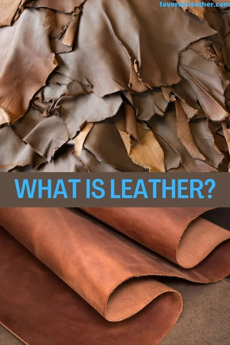 Close-up of different types of leather, including shredded leather pieces and smooth leather sheets.