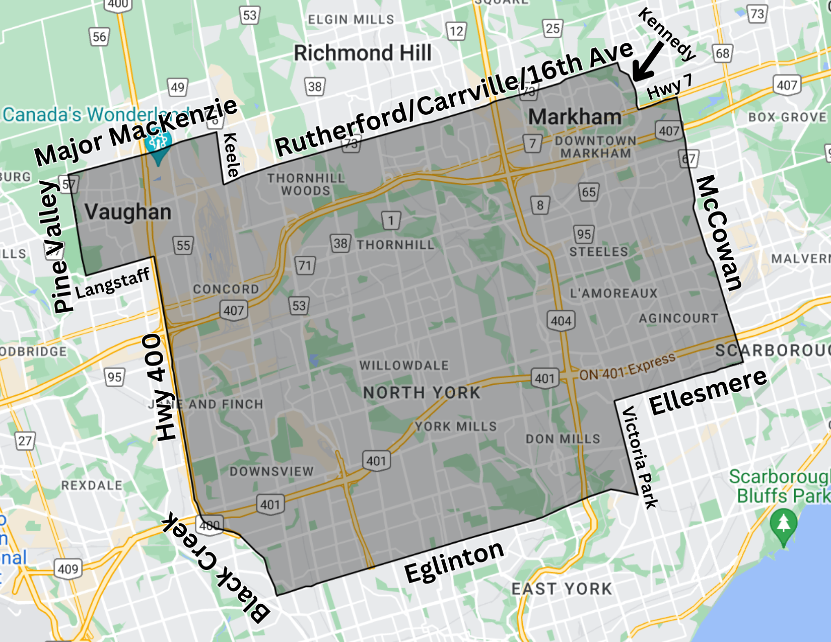 Map of a neighborhood showing boundaries and street names, including Major McKenzie, Rutherford/16th Ave, Kennedy, McCowan, Ellesmere, Eglinton, Black Creek, HWY 400, Pine Valley, Vaughan, and surrounding areas.