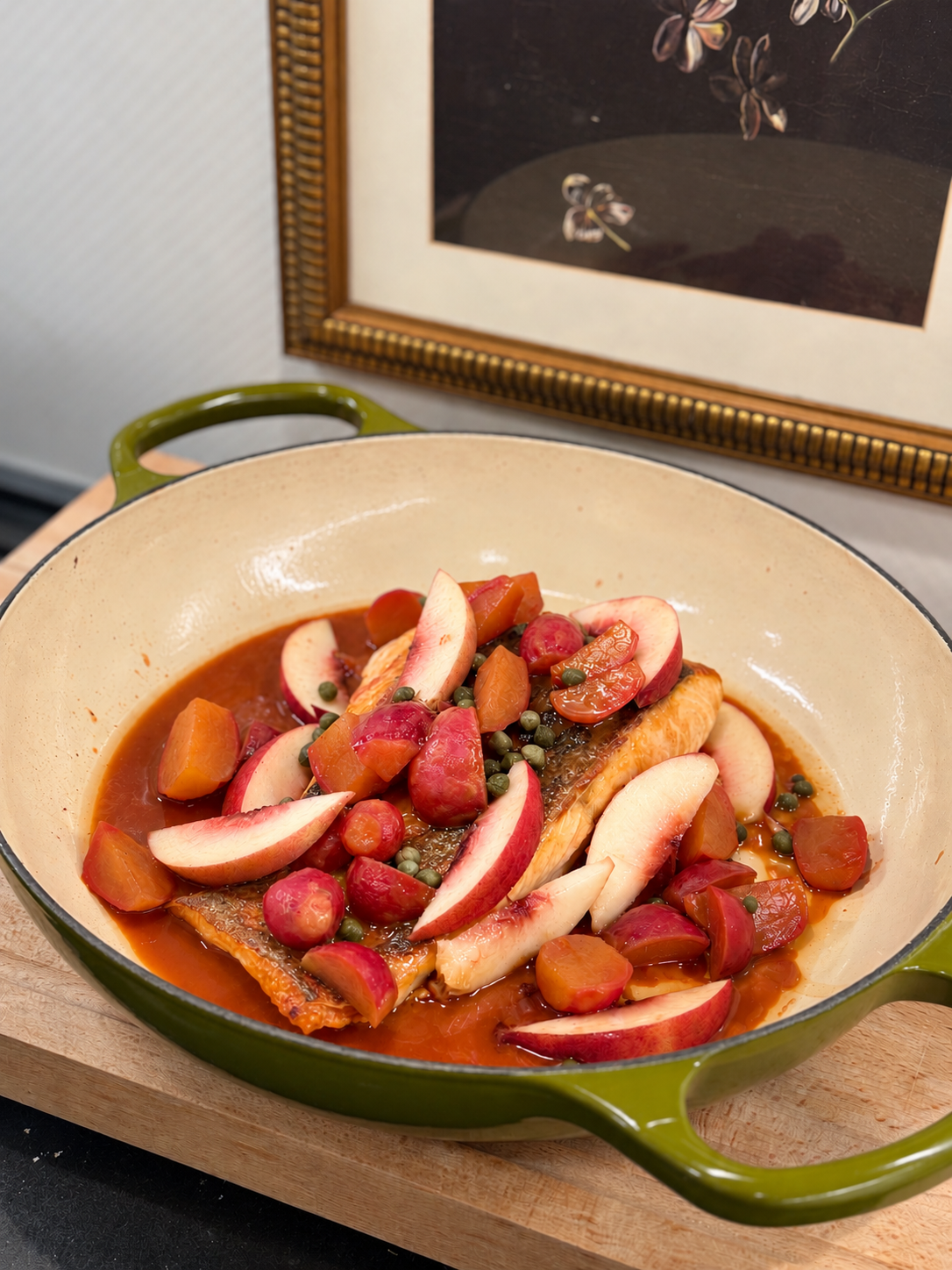 Salmon with Poached Radishes and White Peaches