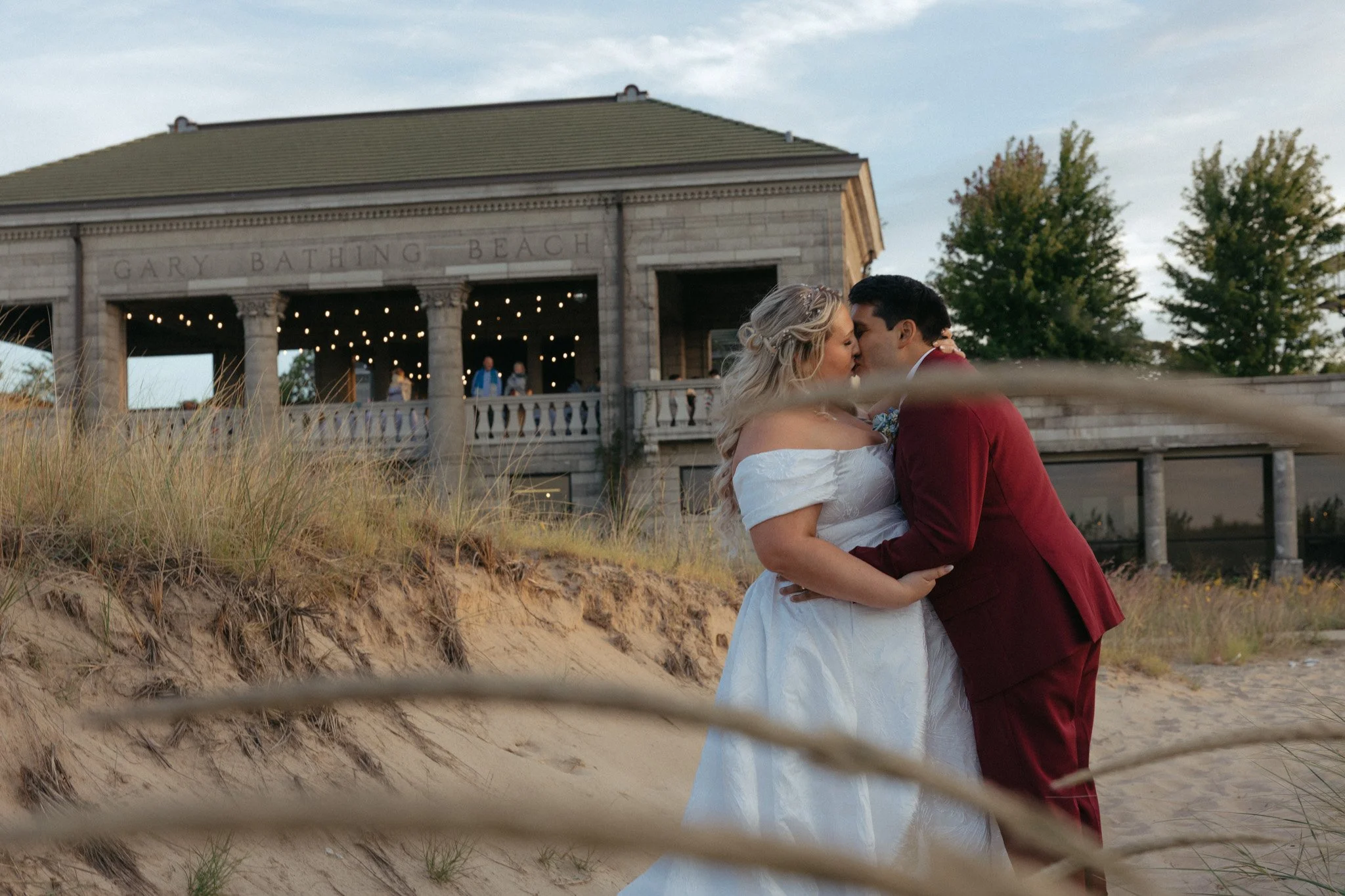 Bride and groom sunset portrait at the Gary Aquatorium wedding