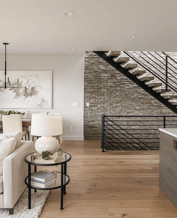 Modern living room with a staircase, stone accent wall, and minimalist decor, including a sofa, side table with a lamp and plants, and a large abstract painting on the wall.