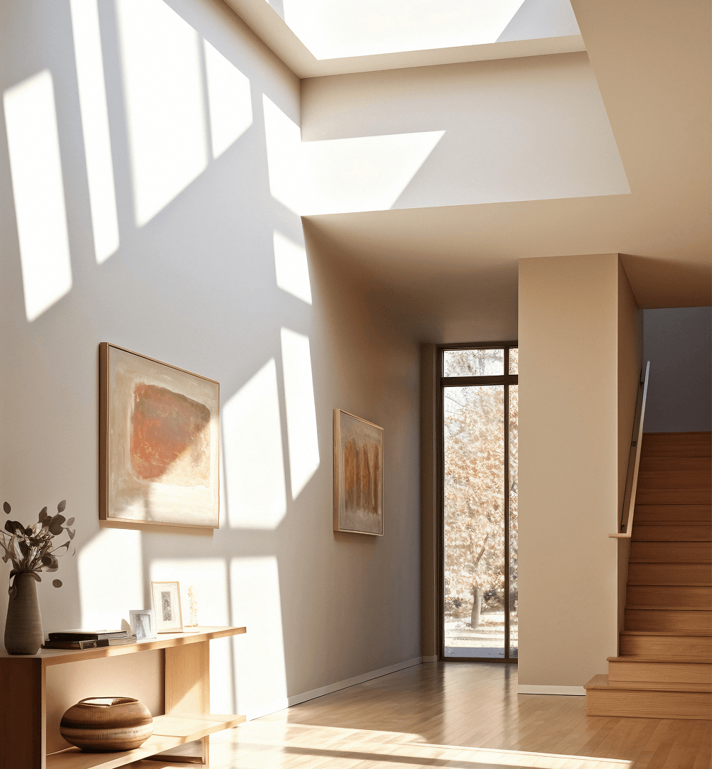 Sunlight streams through large skylights, creating geometric shadows on the white wall of a modern interior. There's a wooden staircase and a narrow window with leaves outside, along with a wooden console table decorated with framed photos and a vase with dried leaves.