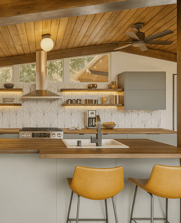 Modern kitchen with wooden ceiling, open shelves, a light-colored tile backsplash, and a wooden countertop. Two yellow bar stools are positioned at the counter.