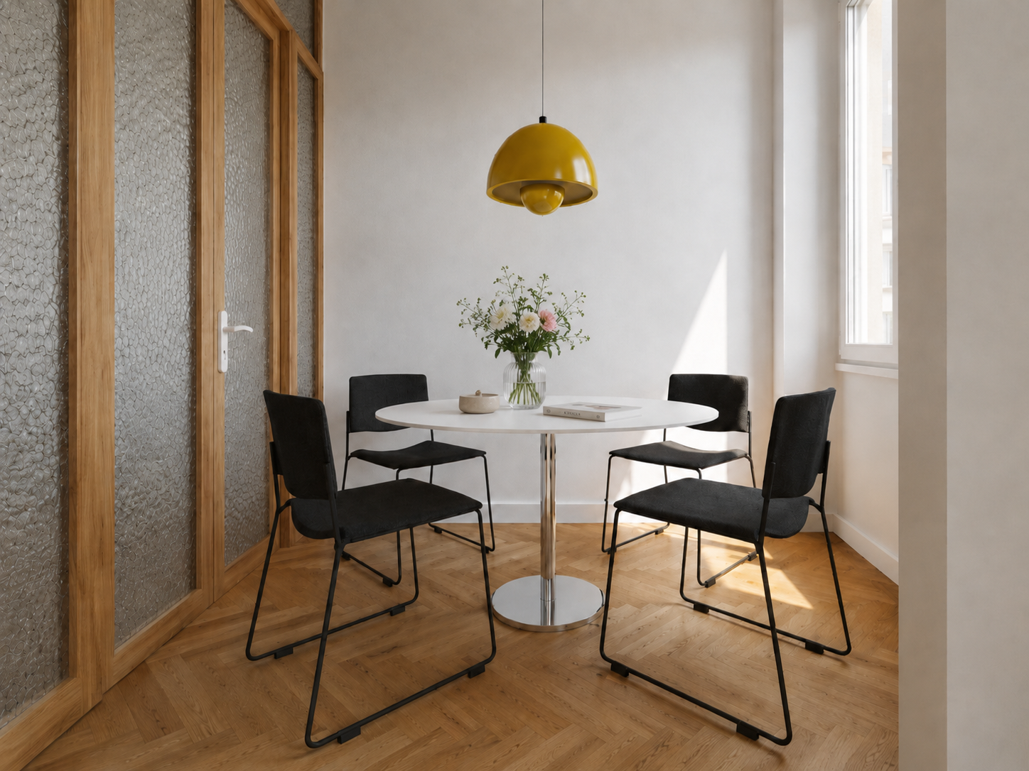 Stanza da pranzo con tavolo rotondo bianco, quattro sedie nere, vaso di fiori colorati, lampadario giallo, pareti neutre, finestra luminosa, pavimento in legno.