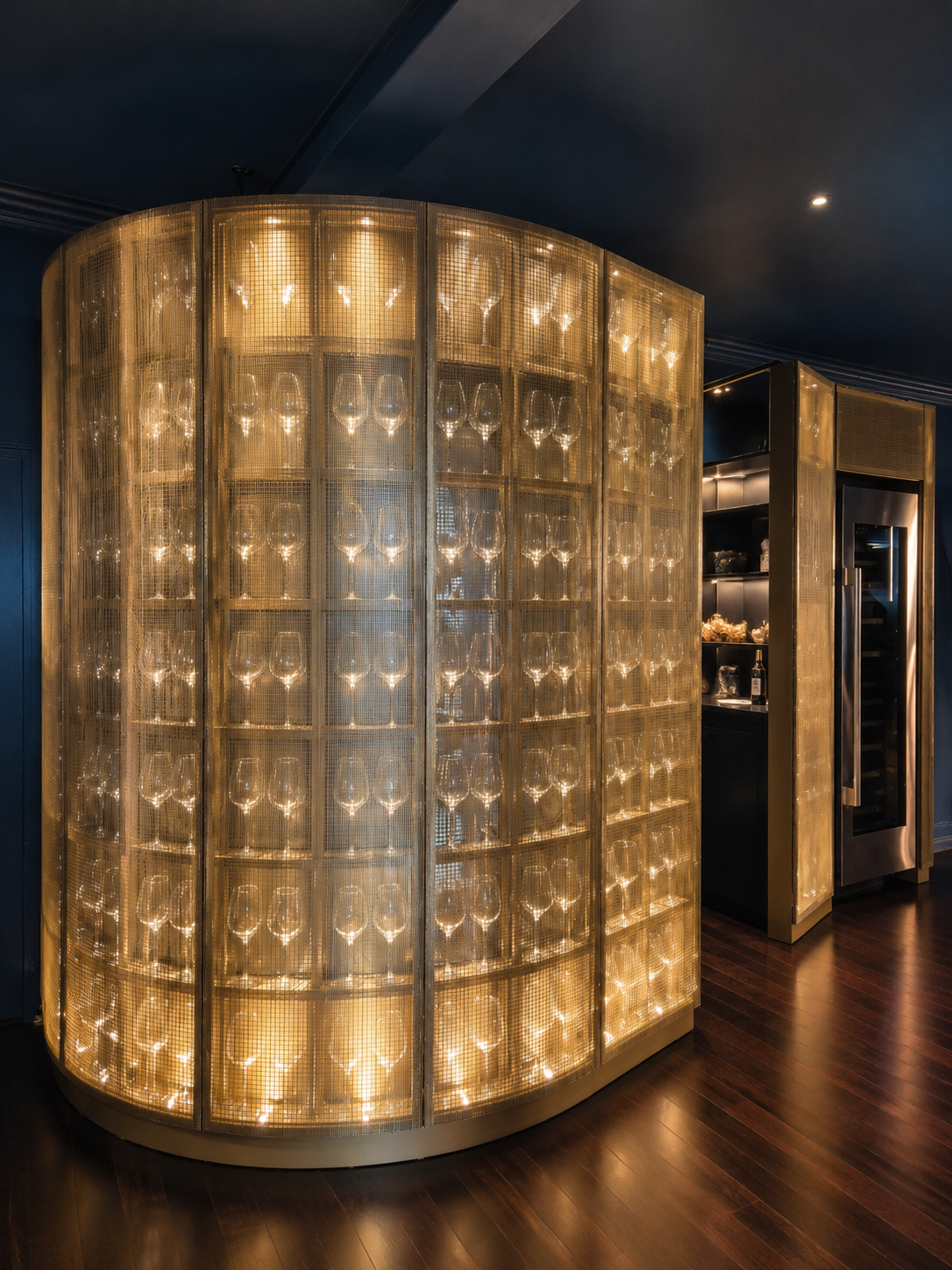 Vetrina a forma di semicircolo con bicchieri di vino illuminati, in un ambiente elegante con pareti blu e pavimento in legno scuro.