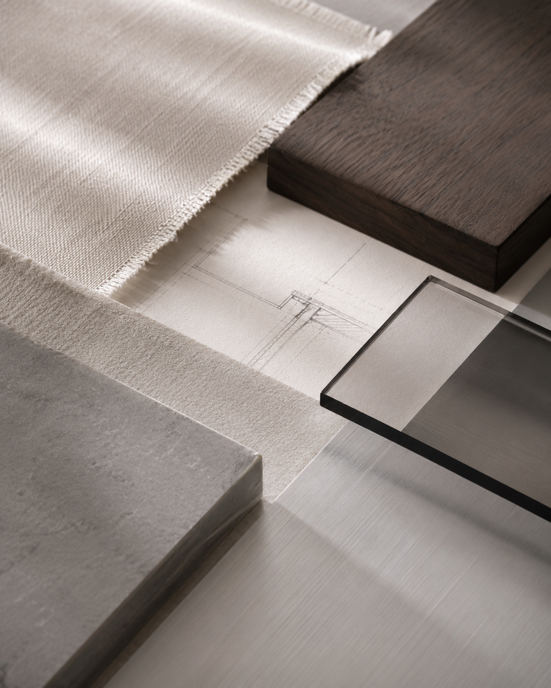 Materiali e campioni di design per arredamento, tra cui tessuti, legno, metallo, e pietra, con un disegno tecnico o progetto di dettaglio.