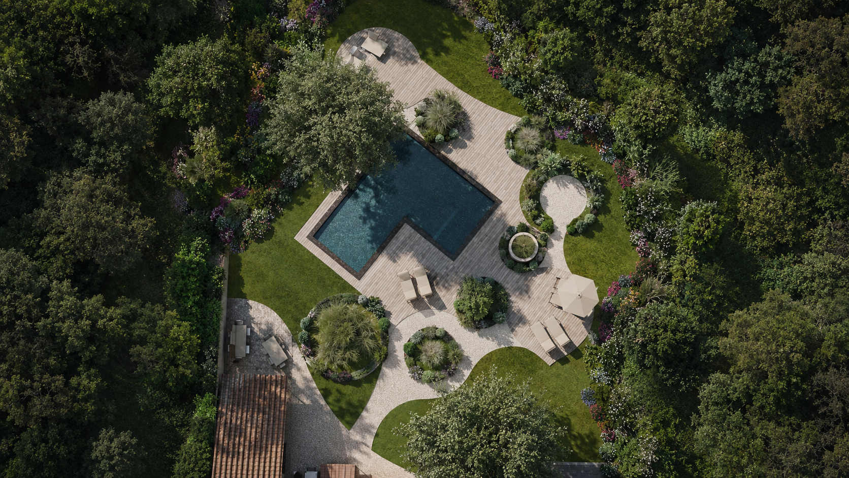vista dall'alto della sistemazione esterna del giardino di una villa toscana. Piscina, ombrelloni e sdraio, pavimentazione naturale e vegetazione. Ambiente elegante e sofisticato.