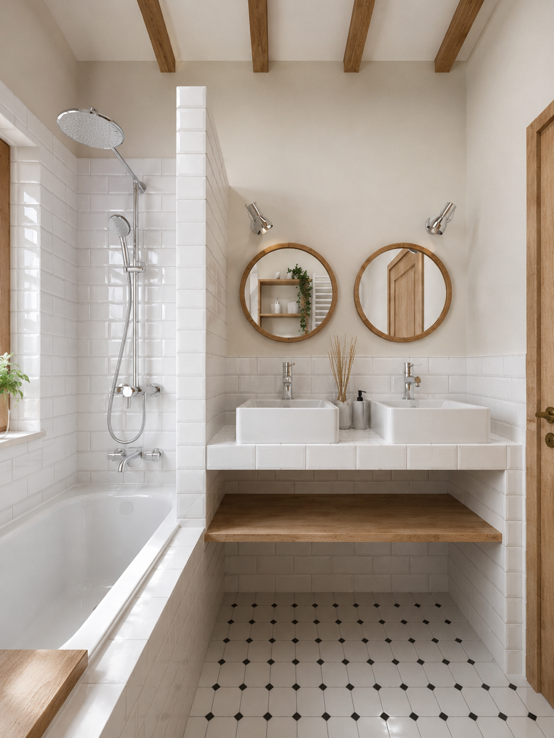 Bagno con pareti rivestite di piastrelle bianche, doppio lavabo con specchi rotondi sopra, doccia con soffione rotondo e rubinetto, pavimento con piastrelle bianco e nero, elementi in legno chiaro.
