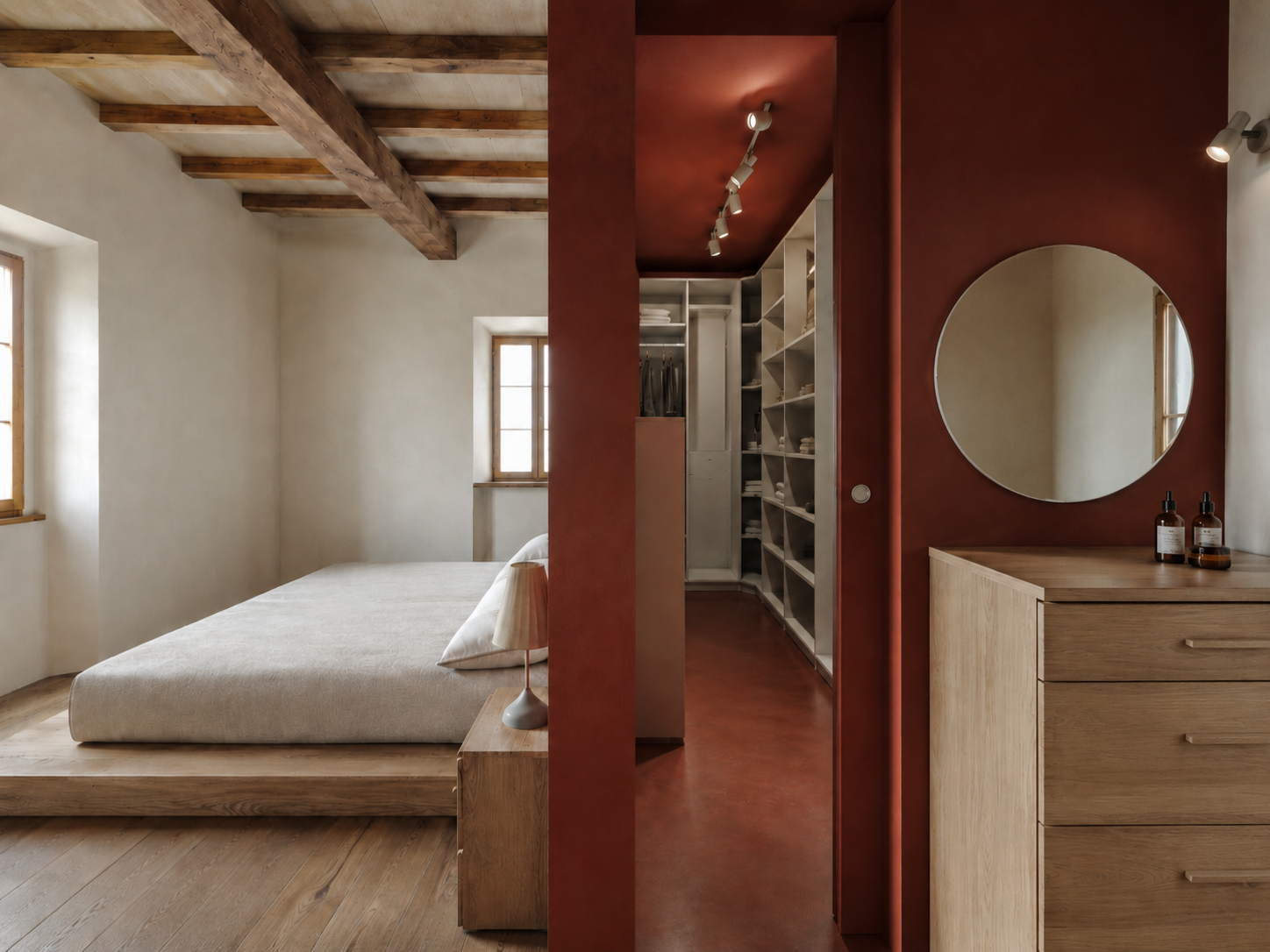 Camera da letto e cabina armadio in un appartamento con soffitto in legno e pareti di colori neutri, dettagli in legno naturale e grandi finestre