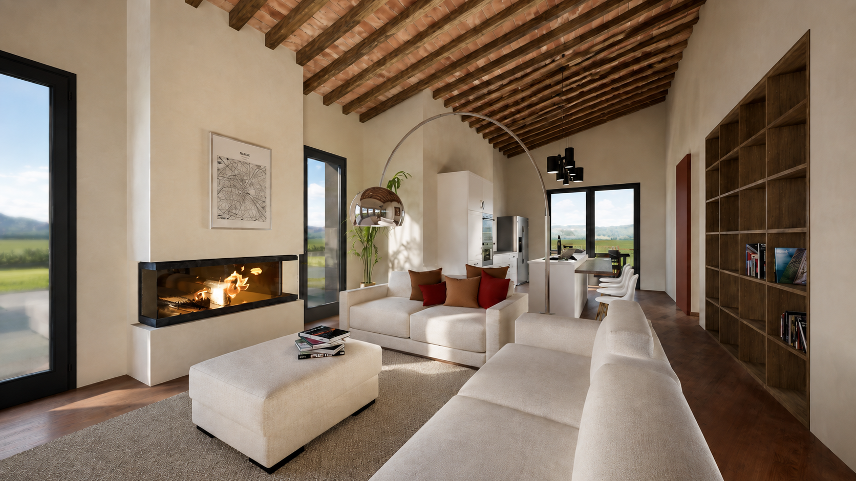 soggiorno toscano in villa moderna. parquet, colori caldi, camino, tetto a vista, arredi chiari, arco castigioni flos