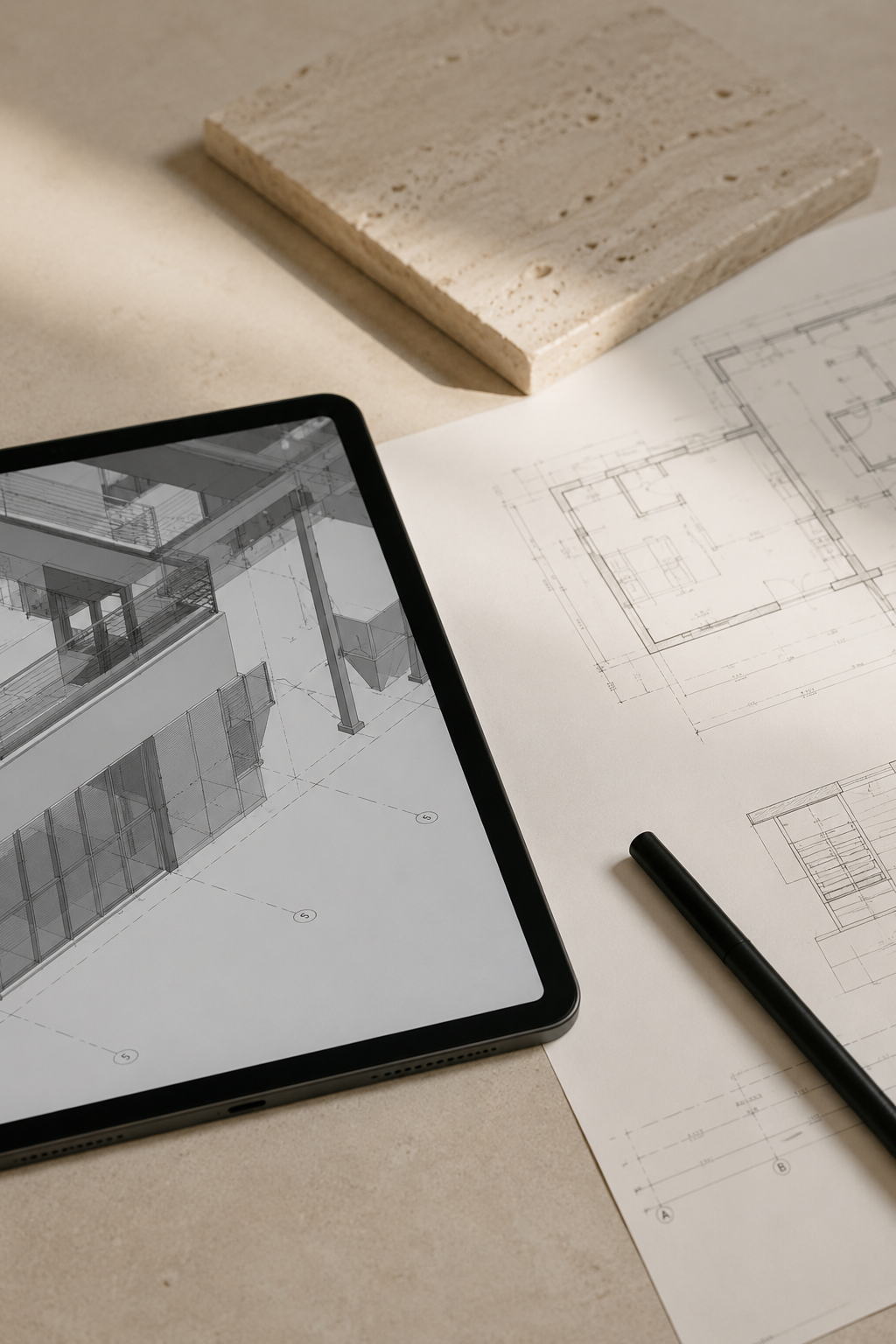 Progetto architettonico mostrato su tablet, con piani e strutture, su fogli di carta con disegni tecnici, vicino a un campione di materiale e una penna
