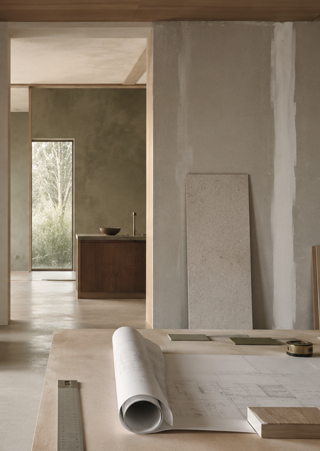 Interno di una casa in costruzione con pareti di cemento, un tavolo di legno, piantine e un panorama naturale visibile attraverso una porta a vetri.
