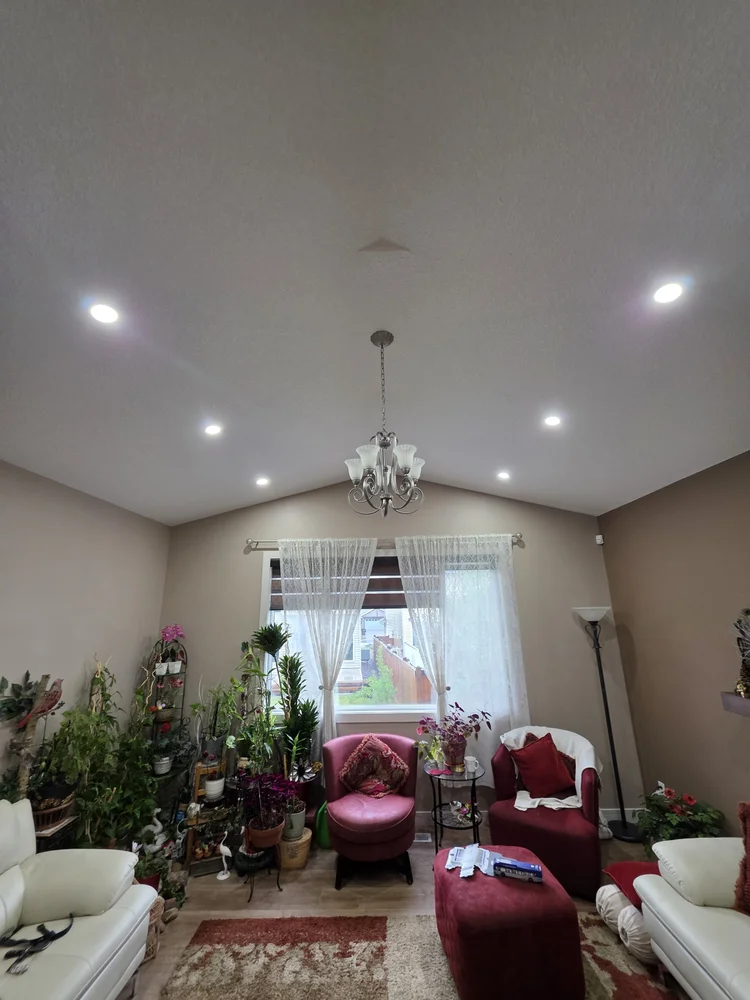 Vaulted living room chandelier and pot lights Edmonton