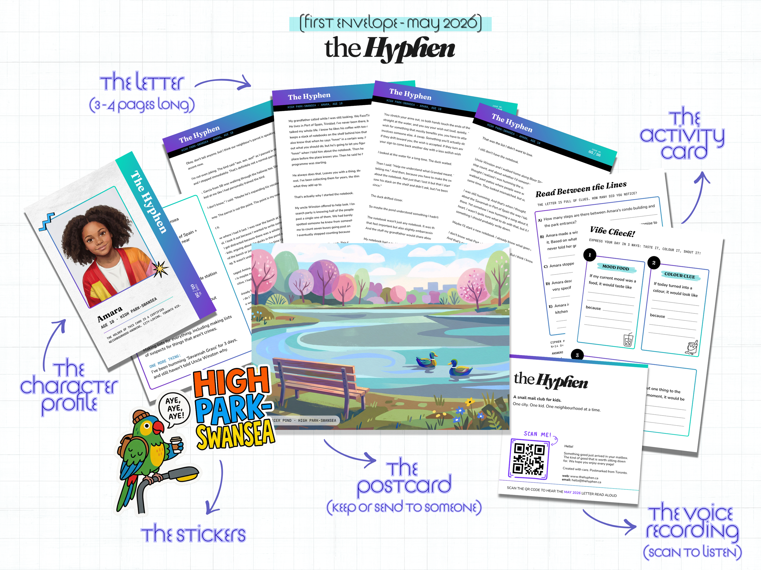A collection of materials including a character profile of Amara, a postcard of a park pond with ducks, a sticker of a parrot with 'High Park Swansea' text, the Hyphen newsletter, an activity card about reading between lines and mood and color check, a QR code for voice recording, and several pages of the Hyphen newsletter with letters and stories.
