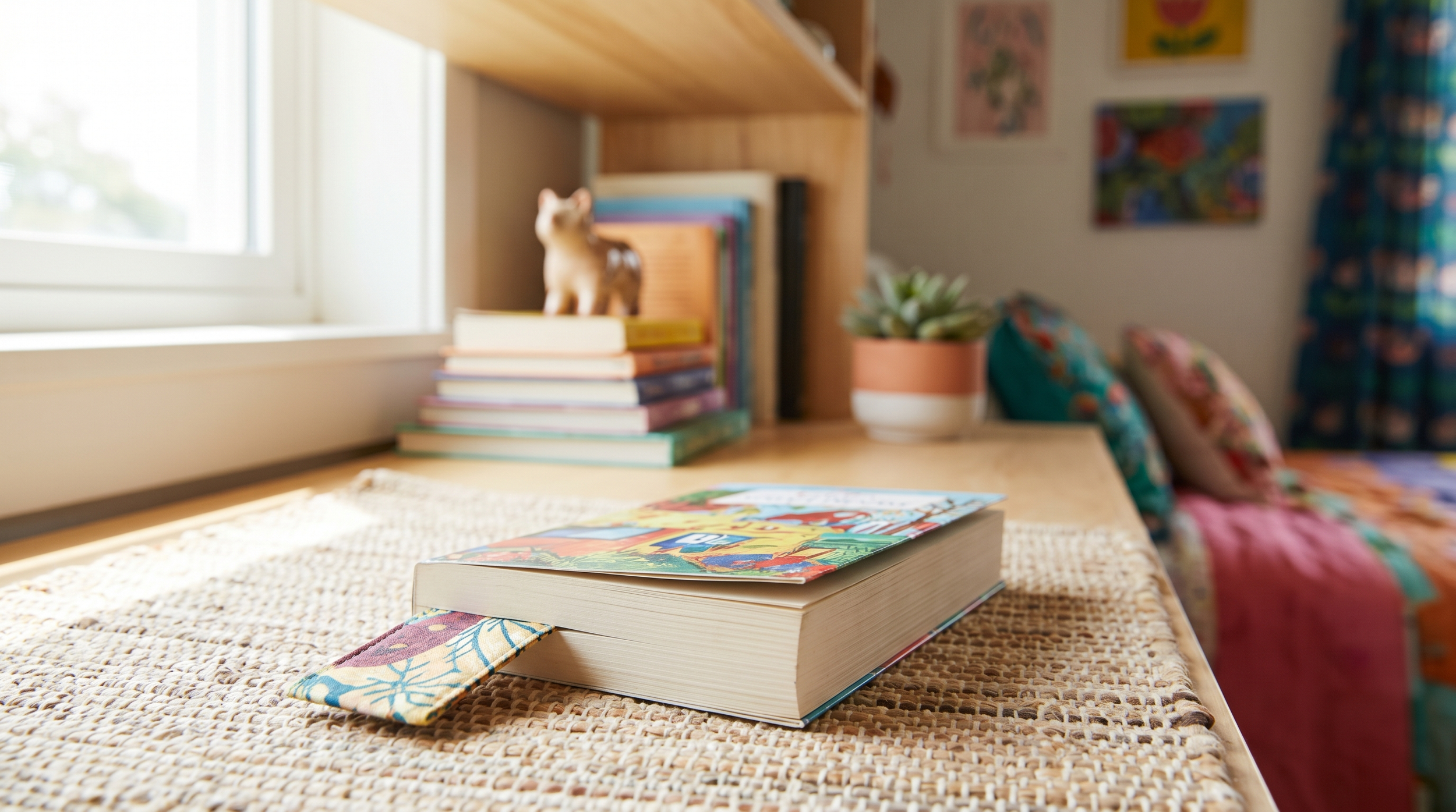 A single book lies on a woven mat in a sunlit child's room, a colorful fabric bookmark peeking out. In the background, a stack of books sits on a wooden desk near a window, with a small plant and colorful bedding visible in the soft-focus distance.
