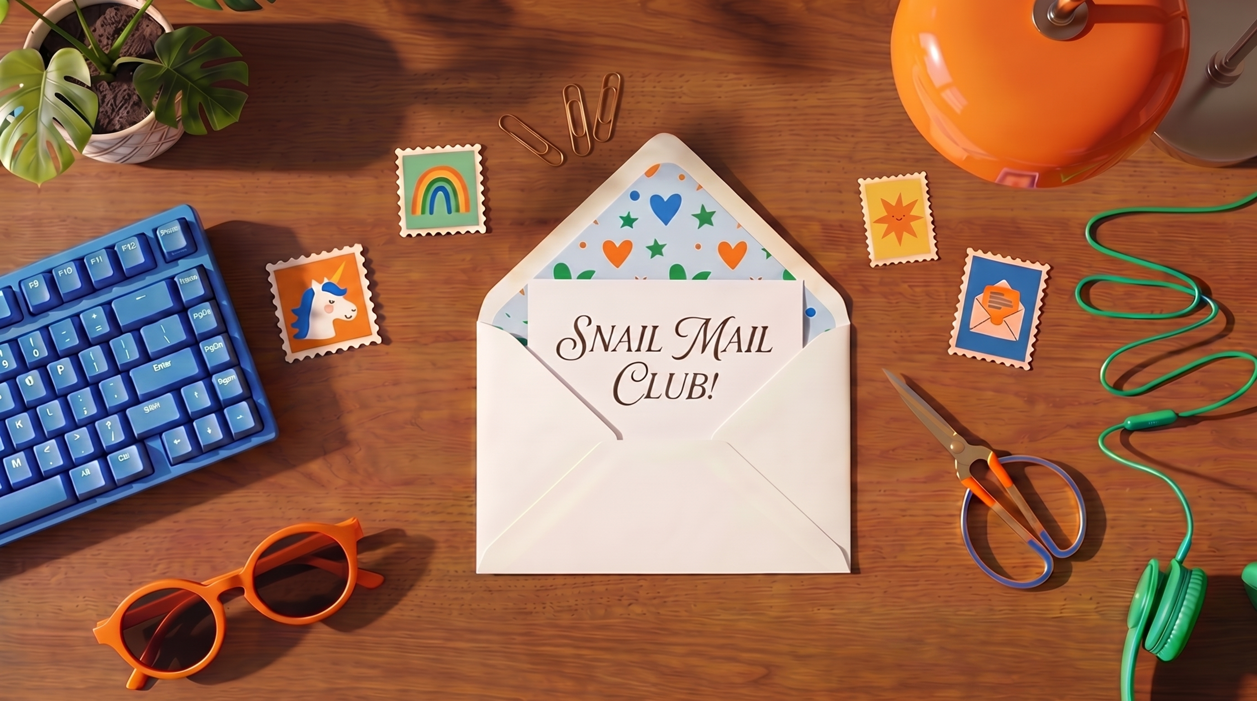 A top-down view of a wooden desk featuring an open white envelope with "Snail Mail Club!" written on the card inside. The desk is cluttered with colourful items: blue mechanical keyboard, orange sunglasses, green headphones, and whimsical stamps.