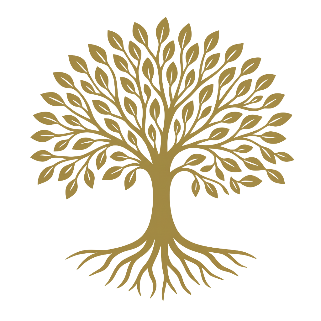 A stylized gold tree with a symmetrical, rounded canopy and visible roots on a black background.