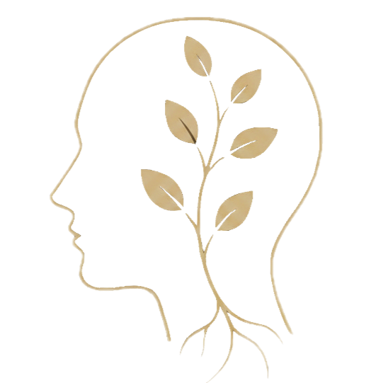 A minimalist illustration of a human head outline with a branch and leaves inside, symbolizing growth and mental health.