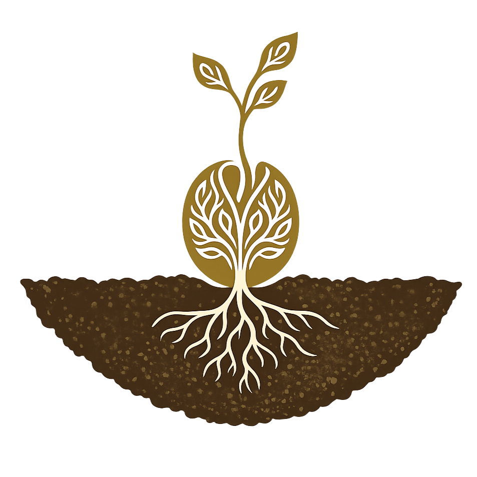 A graphic illustration of a plant growing from soil, with roots extending downward and a sprouting stem and leaves above ground.