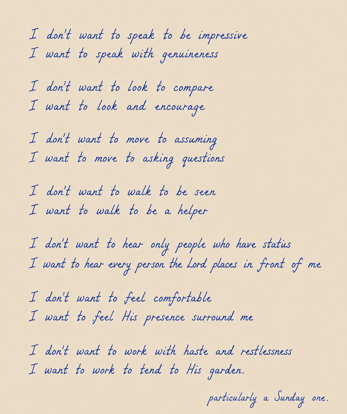 Handwritten poem on off-white paper in blue ink, expressing a desire for genuine, heartfelt actions over impressive words, and connecting this to Sunday.