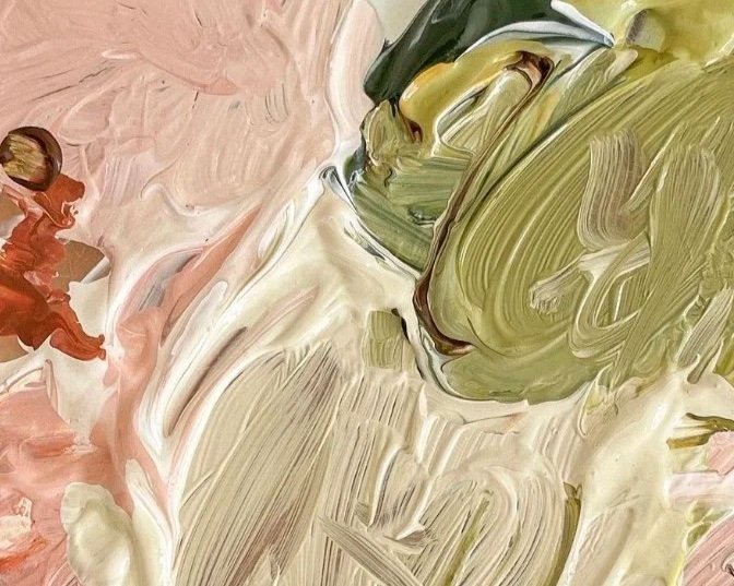 Close-up of an abstract painting with thick brushstrokes in shades of pink, white, green, and brown.