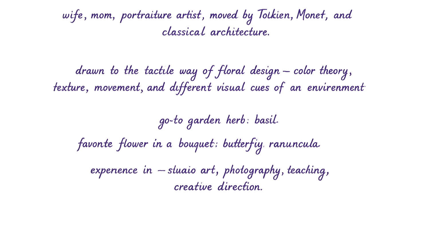 Text in purple cursive font on a black background, discussing floral design, garden herbs, flowers, and artistic inspiration.