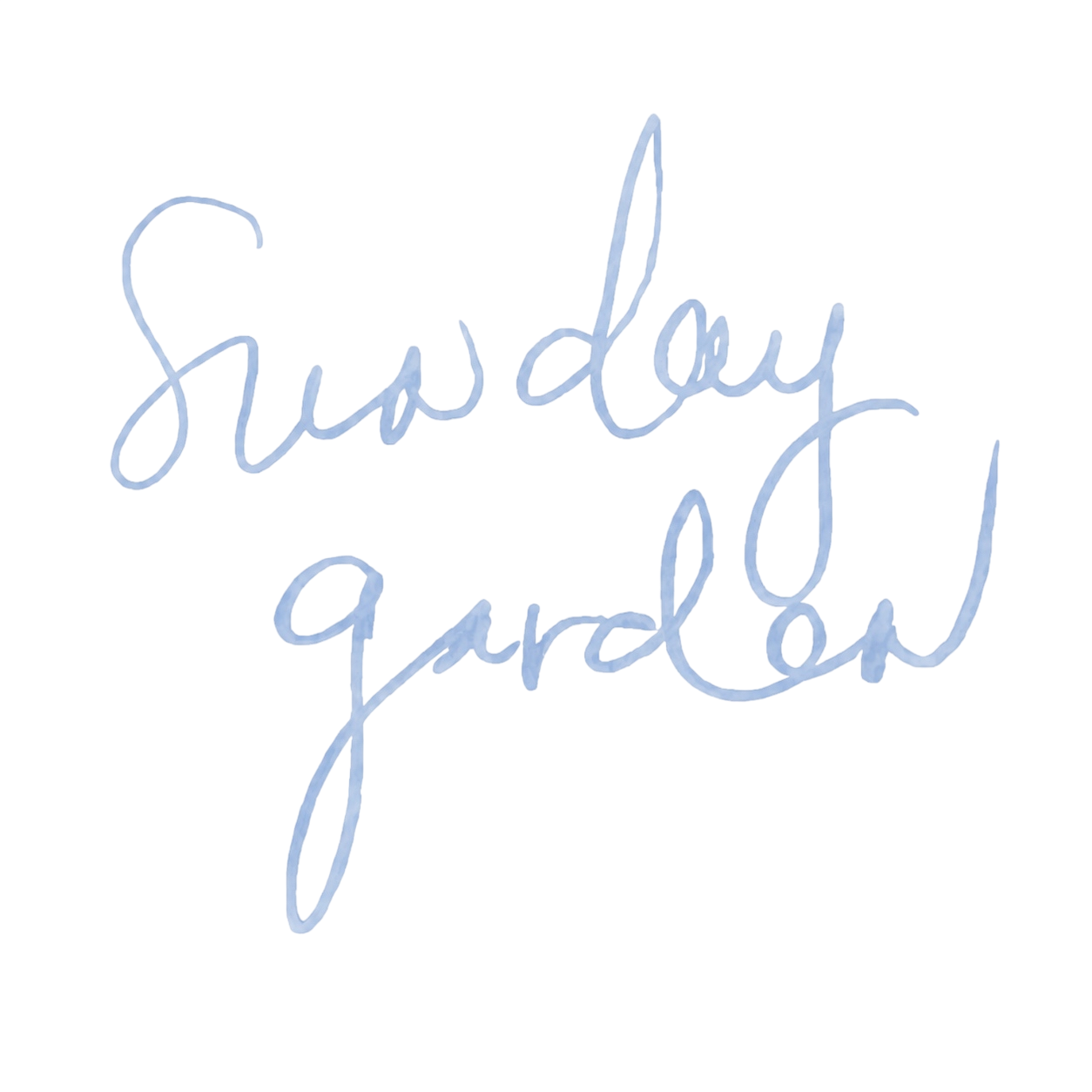 The image shows the phrase 'Sunday garden' written in a light blue, cursive, handwritten style.