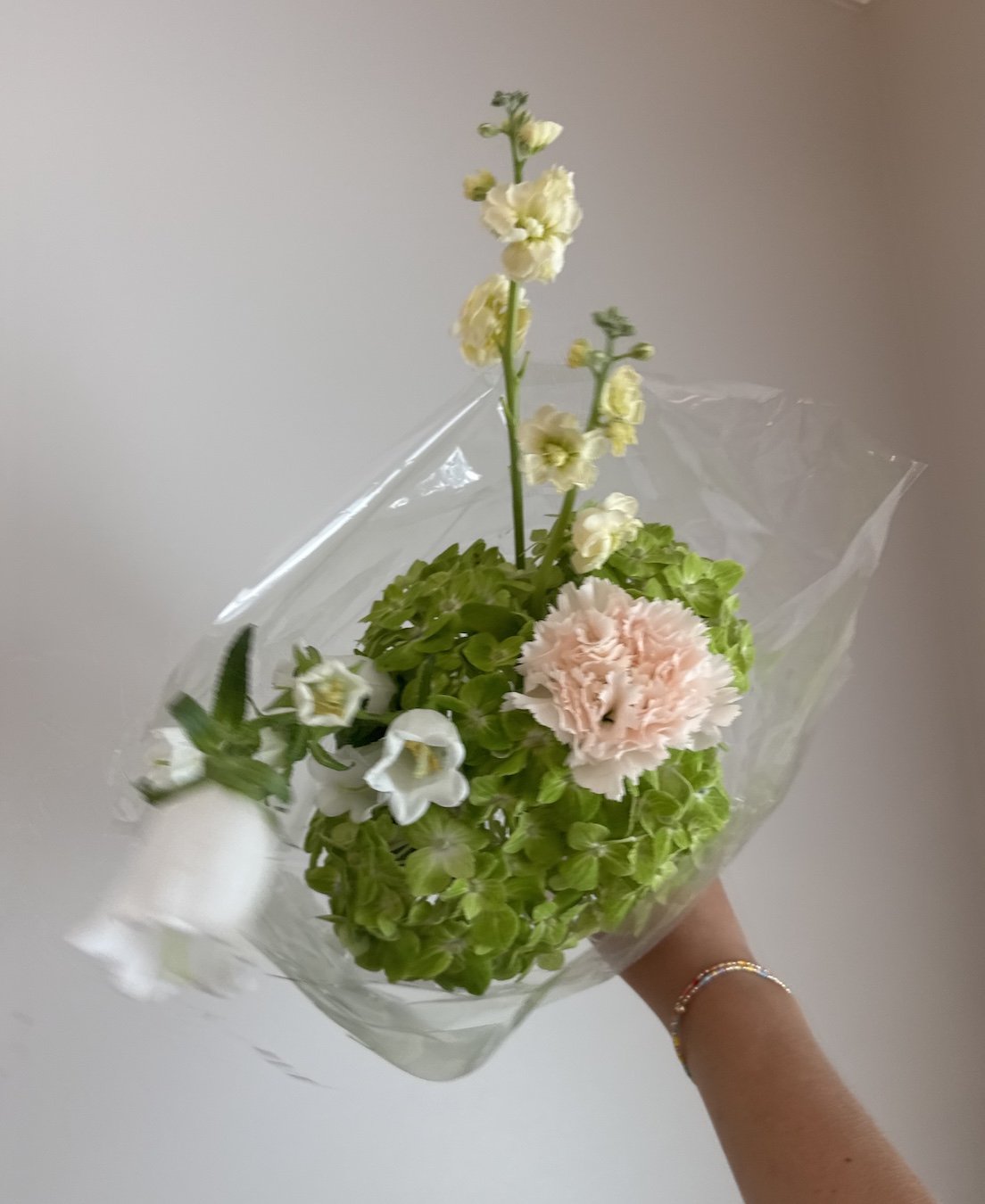 A hand holding a small bouquet of mixed flowers wrapped in clear plastic, including cream and pink carnations, white lisianthus, and greenery.