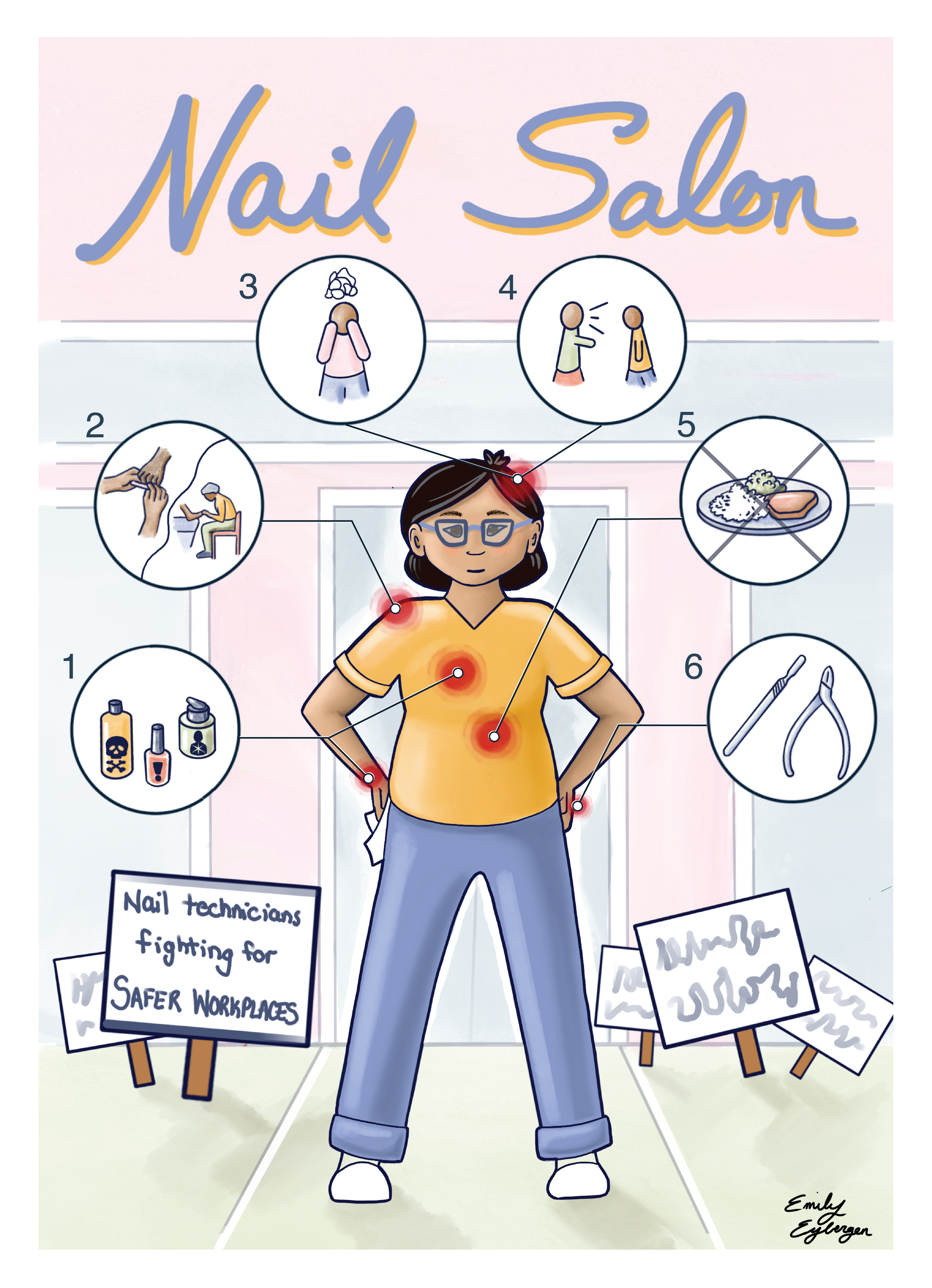 Illustration of a young woman standing in front of a sign that says 'Nail Salon'. She is surrounded by protest signs advocating for safer workplaces and fighting for nail technicians' rights. The woman has short dark hair, wears glasses, a yellow shirt, and blue pants.