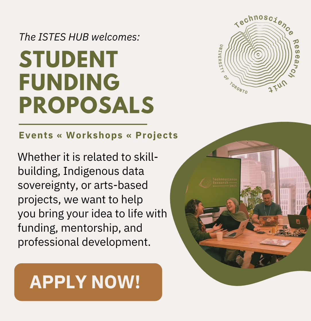 Flyer for ISTES HUB announcing student funding proposals, with event information and a photo of a diverse group of people in a meeting room.