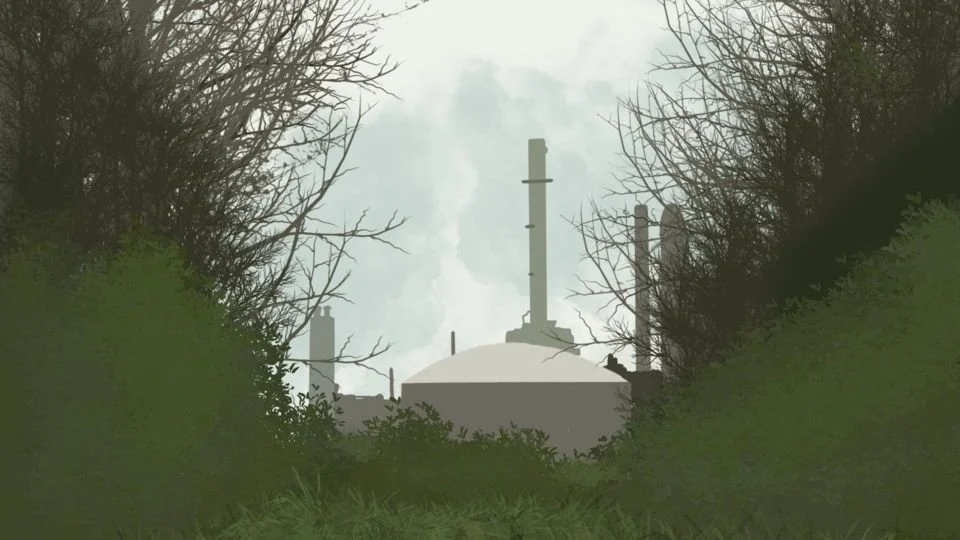 Illustration of an industrial factory seen through trees and bushes, with smokestacks in the background.