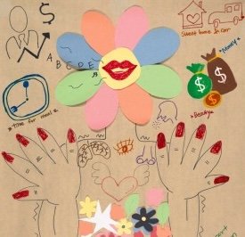 A colorful flower-shaped diagram with a lipstick kiss in the center, surrounded by various doodles including hands with red nails, hearts, a clock, and other small sketches related to love and time.