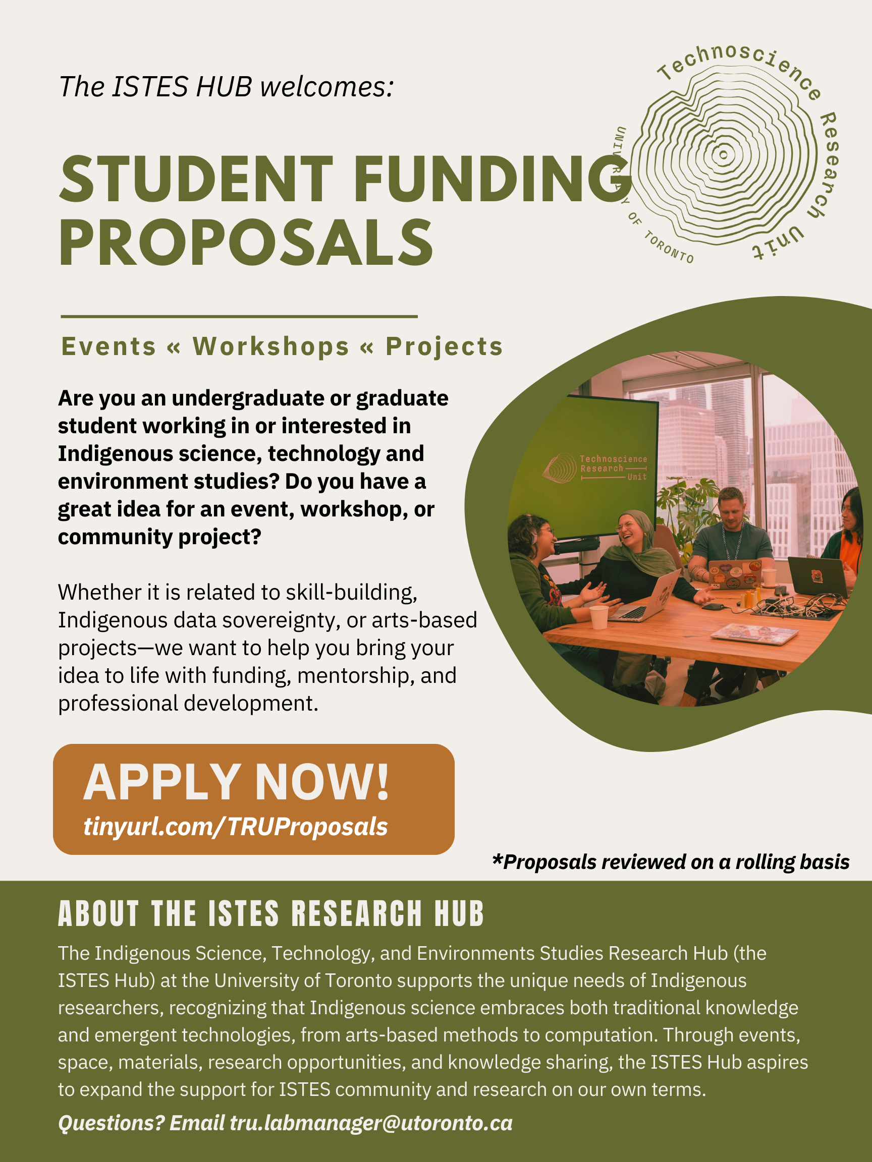 A flyer for the Indigenous Science, Technology, and Environment Studies Research Hub at the University of Toronto. It features a group of diverse people in a meeting room, a logo with a spiral pattern and the words 'Technoscience Research Unit'.