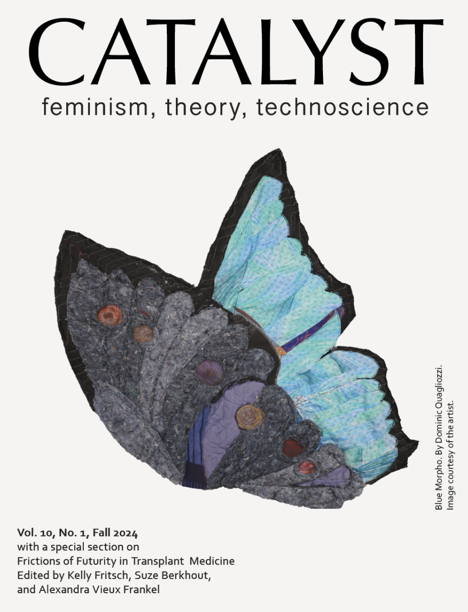 Cover of a publication titled "CATALYST" featuring a collage of a butterfly with a textured, mixed-media style. The butterfly has vibrant blue and purple wings with textured details. The publication is Fall 2024, volume 10, number 1, with a section on Frictions of Futurity in Transplant Medicine, edited by Kelly Fritsch, Suze Berkhout, and Alexandra Vieux Frankel.