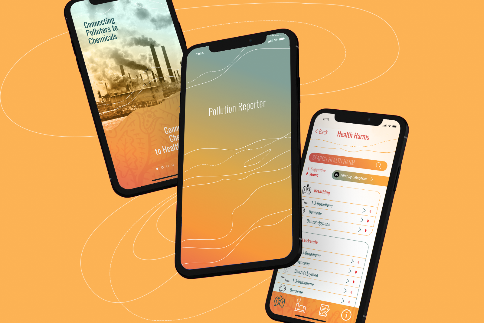 Three smartphones displaying environmental and health-related apps on an orange background with white swirl lines. One app shows pollution data with factory smoke, another is titled "Pollution Reporter," and the third lists health harms including chemicals like benzene and benzopyrene.