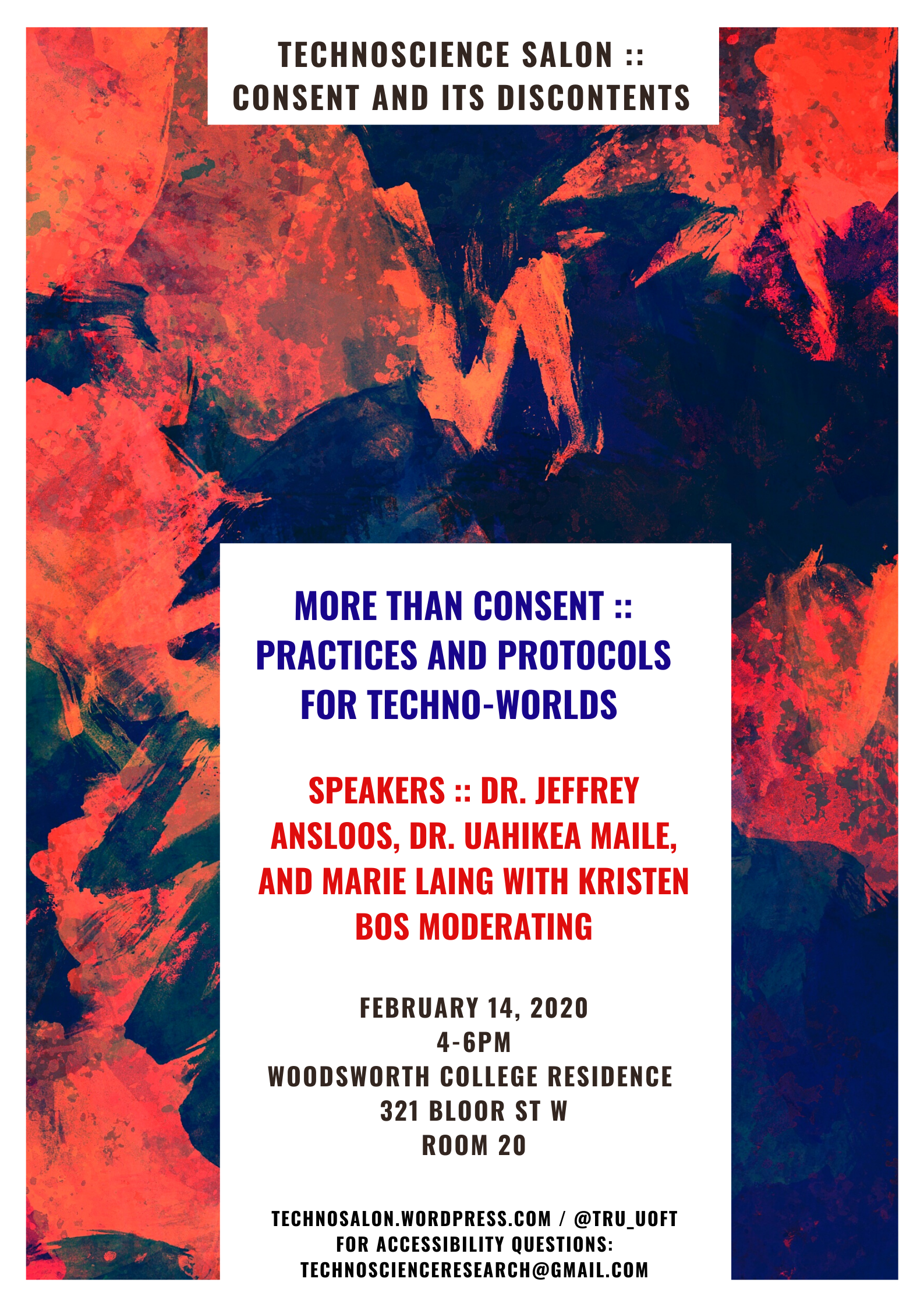 An abstract painting featuring red, blue, and black swirls with a white rectangular overlay containing text about a techno science event, including details of the date, location, speakers, and contact information.
