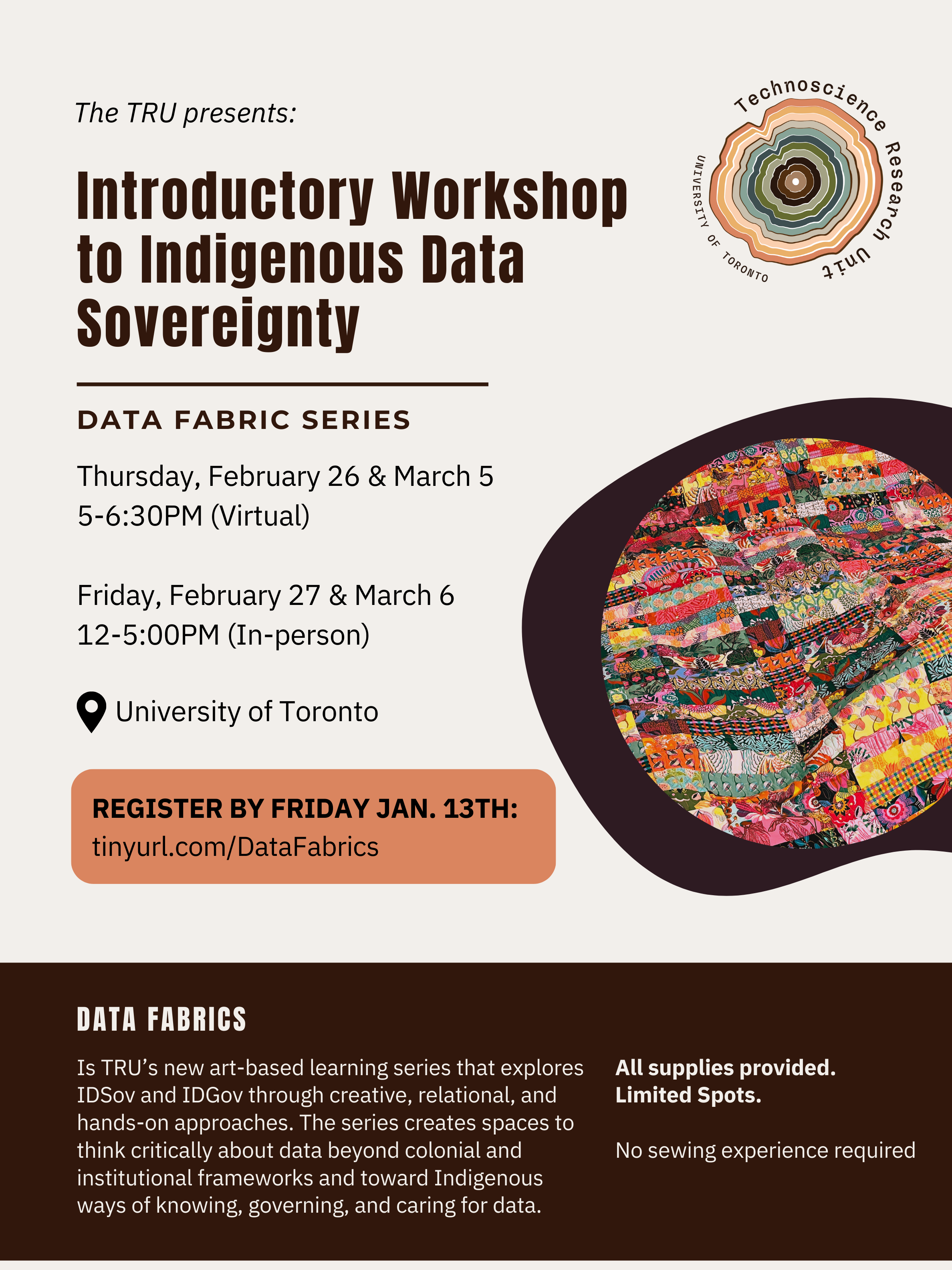 A promotional flyer for an introductory workshop on indigenous data sovereignty hosted by the University of Toronto, detailing dates, times, and registration information, with a circular colorful textile pattern and university logos.