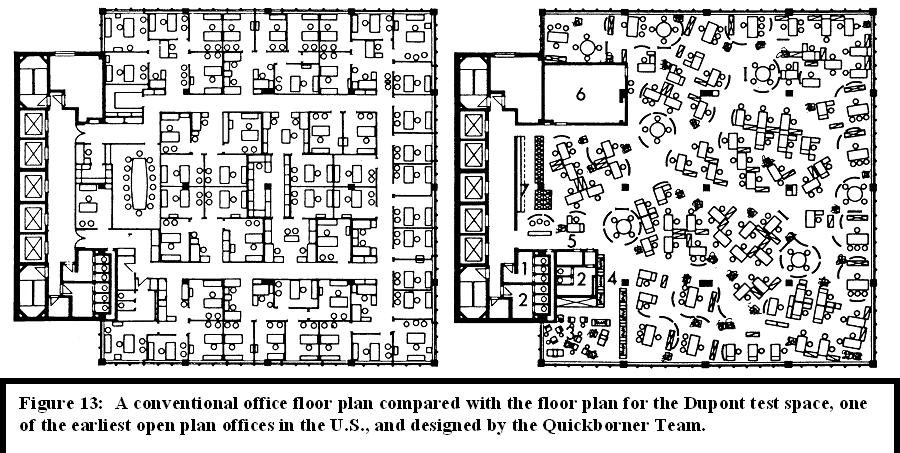 Comparison of two office floor plans: one conventional office layout on the left with organized cubicles and offices, and one open-plan office on the right with scattered desks and workstations.