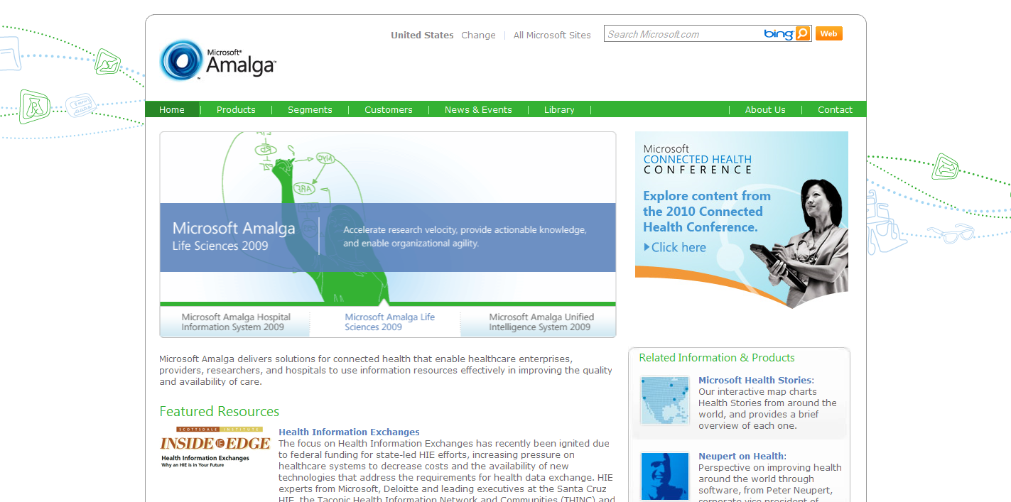 Screenshot of the Microsoft Amalaga website with a white background, green navigation menu, and a blue banner about the 2009 Life Sciences conference. The page contains sections on solutions for connected health, featured resources, and related information including Microsoft Health Stories and Neupert on Health.