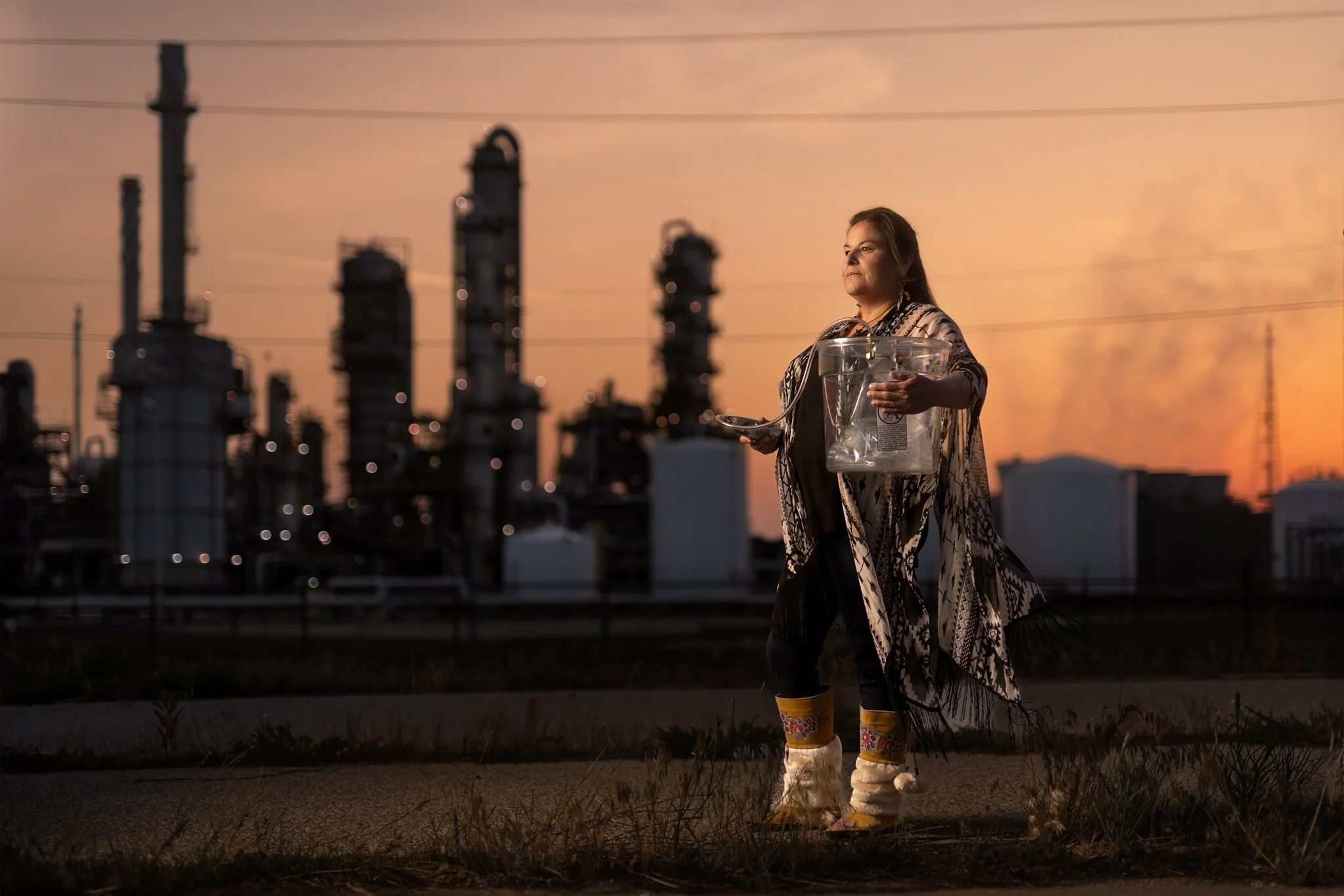 A woman standing outdoors at sunset, holding a clear water jug and her phone, wearing traditional clothing with yellow boots and patterned attire, near industrial structures in the background.