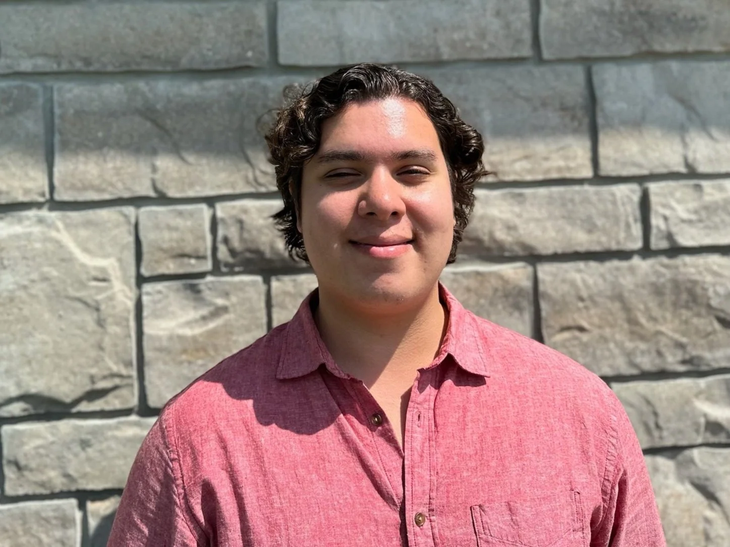 Young man with curly dark hair, light skin, wearing a pink button-up shirt, smiling, standing in front of a textured gray stone wall outdoors.